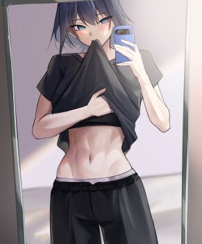 Rule 34 | 1girl, alternate costume, black hair, black pants, black shirt, blue eyes, breasts, cellphone, closed mouth, commentary, english commentary, highres, holding, holding phone, hololive, hololive english, large breasts, looking at viewer, navel, nurizza ilst, ouro kronii, pants, phone, shirt, smartphone, solo, virtual youtuber