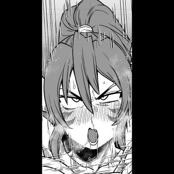 Rule 34 | 1girl, amazon (taitaitaira), blush, facial tattoo, high ponytail, looking up, monochrome, oda nobunaga (sengoku otome), open mouth, ponytail, saliva, saliva trail, sengoku otome, steam, steaming body, sweat, tagme, tattoo, teeth, tongue