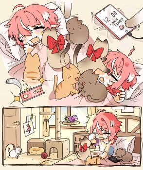 Rule 34 | 1girl, absurdres, bed, bow, camila (vtuber), cat, cat teaser, closed eyes, commentary, curtains, day, drooling, english commentary, hair between eyes, highres, indie virtual youtuber, indoors, long hair, mouth drool, multicolored hair, multiple cats, on bed, open mouth, owo uou, phone, pink hair, red bow, scratching post, shirt, short sleeves, solo, streaked hair, virtual youtuber, waking up, white hair, white shirt, window