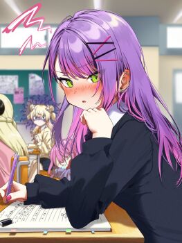 4girls blonde_hair blush book braid chair classroom colored_inner_hair commentary_request desk double_bun ear_piercing eraser glaring green_eyes hair_bun hair_ornament hairclip half_up_half_down_braid highres hololive indoors long_hair looking_at_viewer mechanical_pencil momosuzu_nene multicolored_hair multiple_girls pencil piercing pink_hair purple_hair school school_chair school_desk shaded_face tashime tokoyami_towa virtual_youtuber