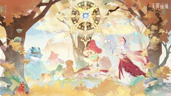 1girl animal armlet artist_request autumn bare_shoulders belt blunt_bangs bracelet cat character_request cloak clothed_animal commentary_request compass copyright_logo crop_top day ear_covers eureka_(infinity_nikki) faceless faceless_female floating_cape floating_hair forest four-pointed_star from_side gold_bracelet gradient_cloak hexagram highres hood hood_up hooded_cloak ian_the_cadanceborn infinity_nikki jewelry layered_skirt logo long_hair long_skirt midriff momo_(nikki) mushroom nature nikki_(nikki) nikki_(series) object_floating_above_hand official_alternate_costume official_art outdoors pink_hair pleated_skirt pointy_nose print_skirt purifying_wind_(infinity_nikki) red_cloak red_scarf red_skirt scarf shirt shroomling_(infinity_nikki) skirt star_(symbol) star_print third-party_source two-tone_cloak very_long_hair whiskers white_belt white_cat white_cloak white_shirt white_skirt wind