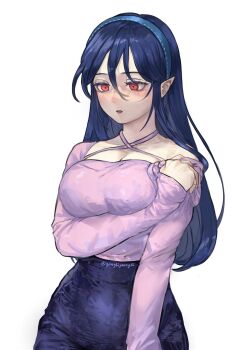 1girl blue_hair blue_hairband blue_skirt breasts cleavage collarbone contemporary gonglijeongli hairband hashtag-only_commentary highres iizunamaru_megumu large_breasts long_hair pink_shirt pointy_ears red_eyes shirt simple_background skirt solo touhou twitter_username white_background