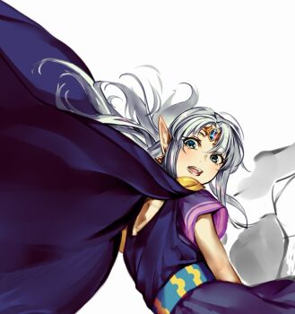 1girl blue_gem cape circlet commentary_request dress gem green_eyes grey_hair long_hair looking_at_viewer nintendo official_alternate_color official_alternate_hair_color oki_(koi0koi) open_mouth pointy_ears princess_zelda purple_cape purple_dress short_sleeves simple_background solo super_smash_bros. the_legend_of_zelda the_legend_of_zelda:_a_link_between_worlds white_background