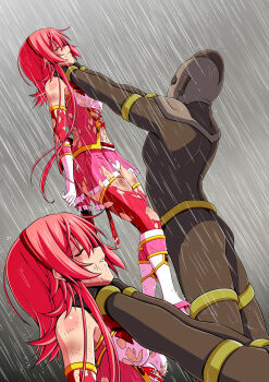 1boy 1girl absurdres abuse arms_at_sides asphyxiation back_bow battle beaten blush body_blush bodysuit boots bow breasts brown_bodysuit brown_helmet bruise bruise_on_arm bruise_on_face bruise_on_leg bruise_on_stomach character_request closed_eyes clover_rose collared_dress defeat detached_sleeves dirty dirty_clothes dress elbow_gloves fainted feet_out_of_frame fighting from_side full_body gloves hairband hands_on_another's_arms hands_on_another's_neck hanging_legs height_difference helmet highres huge_bow immobilization injury knee_boots koeda0111 lace lace-trimmed_dress lace_trim lifting_person long_sidelocks magical_girl miniskirt multicolored_footwear multicolored_skirt multiple_views navel neck_lift original outdoors pain panties pantyshot parted_lips peril pink_boots pink_dress pink_gloves pink_hair pink_skirt pink_sleeves pink_thighhighs pleated_skirt profile rain red_bow red_hairband ryona scratches short_dress short_hair_with_long_locks sidelocks skirt sleeveless sleeveless_dress slim_legs small_breasts storm strangling tall_male teeth thighhighs torn torn_clothes torn_dress torn_skirt torn_thighhighs unconscious underwear utsugi_chisaki very_long_sidelocks violence wet yotsuba_no_senki_clover_rose zettai_ryouiki zoom_layer