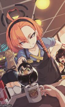 5girls ahoge animal_ear_headphones animal_ears apron ass asuna_(blue_archive) bent_over black_apron black_hair black_hairband black_nails blonde_hair blue_archive blue_ribbon blue_shirt bow braid carafe ceiling clenched_teeth coffee coffee_mug collared_shirt cup diner earrings eating fake_animal_ears flat_chest food garter_straps hair_ribbon hairband halo headphones highres holding holding_cup indoors jewelry ketchup_bottle lamp long_hair melting_halo midori_(blue_archive) mole mole_under_eye momoi_(blue_archive) mug multiple_girls name_tag neru_(blue_archive) orange_hair pouring pov red_eyes ribbon shirt short_sleeves side_braid steam stud_earrings syrup table teeth thighhighs thighs tsurugi_(blue_archive) twitter_username tyrone waffle waffle_house white_thighhighs