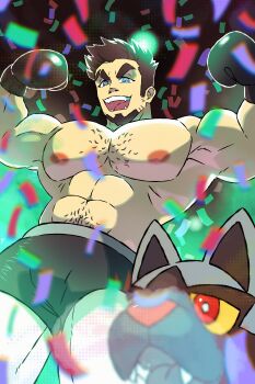 1boy :d abs absurdres bara beard black_hair boxing_gloves commission confetti danny_(felixnosi) double_biceps_pose facial_hair feet_out_of_frame flexing from_below gen_3_pokemon goatee highres huge_eyebrows large_pectorals male_focus mature_male medium_sideburns muscular muscular_male nipples nsfcyr open_mouth original pectorals pokemon pokemon_(creature) poochyena short_hair smile sparse_chest_hair sparse_navel_hair standing thick_eyebrows topless_male victory wrestler