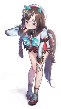 1girl absurdres animal_ears asymmetrical_gloves beautifulinsnow beret black_gloves bow braid brown_hair brown_tail commentary_request dirt dirty dirty_clothes dirty_face ear_bow ear_covers ear_ornament full_body gloves hand_on_own_knee hat highres hokko_tarumae_(star_light_ship)_(umamusume) hokko_tarumae_(umamusume) horse_ears horse_girl horse_tail leaning_forward long_hair low_twin_braids mismatched_gloves purple_eyes shirt simple_background skirt solo standing tail twin_braids umamusume white_background white_gloves white_hat white_shirt white_skirt white_streaks wiping_face