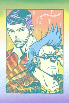 2boys beard blue_hair chain closed_mouth collared_shirt facial_hair franky_(one_piece) gold_chain gradient_background hashtag-only_commentary iceburg lower_eyelashes_only male_focus multiple_boys one_piece pompadour purple_hair shirt short_hair sideburns sunglasses undercut v-shaped_eyebrows ylsjnfsd