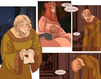 2girls arrow_(symbol) blonde_hair blush braid braided_hair_rings commentary dress elden_ring english_commentary english_text green_dress green_eyes hair_rings highres holding holding_letter lady_tanith_(elden_ring) letter long_sleeves marceline2174 mole mole_under_mouth mother_and_daughter multiple_girls rya_(elden_ring) sitting slit_pupils smile speech_bubble twin_braids you're_doing_it_wrong