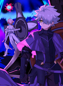 1boy 1girl absurdres armor bare_shoulders black_armor black_gloves breastplate capelet closed_mouth commentary_request expressionless fate/grand_order fate_(series) fingerless_gloves galahad_(fate) gauntlets gloves hair_over_one_eye highres knight lanpohantong looking_at_another looking_back lord_camelot_(fate) mash_kyrielight mash_kyrielight_(paladin) official_alternate_costume one_eye_covered pink_hair purple_capelet shield spiked_hair trinity_metatronius_(fate/grand_order) white_armor white_hair yellow_eyes