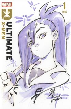 1girl 2025 bug copyright_logo copyright_name cover_sketch dragonfly highres holding holding_weapon insect kanon_sainouchi logo long_hair looking_at_viewer looking_to_the_side marvel peach_momoko ponytail psylocke purple_eyes purple_hair purple_theme shinai sketch solo spiked_hair spot_color sword upper_body weapon x-men