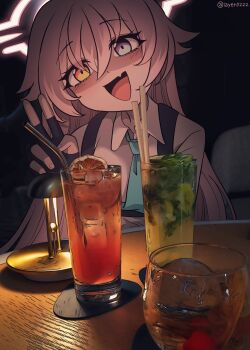 1girl :d black_gloves blue_archive blue_eyes blue_necktie chest_strap collared_shirt commentary_request crossed_bangs cup dated desk_lamp drink fingerless_gloves food fruit gloves hair_between_eyes hair_ears halo heterochromia highres hoshino_(blue_archive) ice ice_cube korean_commentary lamp layer_(layer_illust) lemon lemon_slice long_hair looking_at_viewer necktie numbered open_mouth pink_hair shaded_face shirt smile solo table tropical_drink v white_shirt yellow_eyes