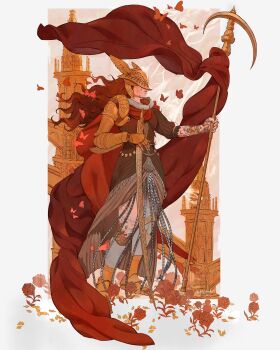 1girl absurdres amputee armor border brown_dress bug butterfly cape covered_eyes dress elden_ring flower full_body gold_armor golden_sword haligtree_(elden_ring) helmet helmet_over_eyes highres holding holding_polearm holding_weapon in-universe_location insect littlekhada7 long_hair malenia_blade_of_miquella mechanical_arms planted planted_polearm planted_sword planted_weapon polearm prosthesis prosthetic_arm prosthetic_leg red_cape red_hair single_mechanical_arm solo standing sword three-quarter_sleeves triple_amputee very_long_hair wavy_hair weapon white_border winged_helmet