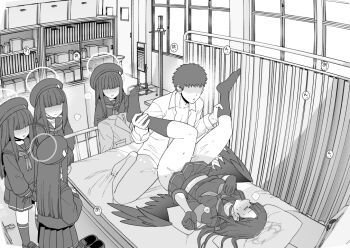 1boy 5girls bed beret black_hair blue_archive clone clothed_sex hat heavy_breathing holding_another's_leg hospital_bed ichika_(blue_archive) infirmary justice_task_force_member_(blue_archive) long_hair male_sensei_(blue_archive) missionary mo_(kireinamo) multiple_girls on_bed oversized_wings school school_uniform sensei_(blue_archive) serafuku sex sex_ed skirt sweat twitter watching wings