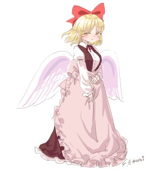 1girl alternate_costume apron artist_name blonde_hair blush bow breasts brown_vest dark_skin enmaided feathered_wings frilled_sleeves frills gengetsu_(touhou) grey_apron hair_bow long_skirt long_sleeves looking_at_viewer maid medium_breasts neck_ribbon puffy_long_sleeves puffy_sleeves red_bow red_ribbon ribbon s-a-murai shirt short_hair simple_background sketch skirt solo touhou touhou_(pc-98) vest waist_apron white_background white_shirt white_wings wings yellow_eyes