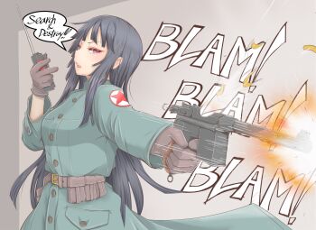 1girl black_hair blue_eyes casing_ejection cube85 dragon_ball earrings english_text eyeshadow female_focus firing gloves gun handgun highres holding holding_gun holding_weapon jewelry lips lipstick long_hair mai_(dragon_ball) makeup mauser_c96 military military_uniform pistol shell_casing solo stud_earrings upper_body very_long_hair walkie-talkie weapon