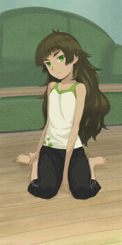 1girl barefoot black_shorts blunt_bangs collar couch frown future_gadget_lab green_collar green_couch green_eyes green_hair green_trim highres hiyajou_maho holding_own_foot indoors long_hair long_sleeves looking_at_viewer menomorute messy_hair on_floor science_adventure shirt shorts sitting solo star_(symbol) star_print steins;gate steins;gate_0 tank_top thick_eyebrows toenails very_long_hair wariza wooden_floor