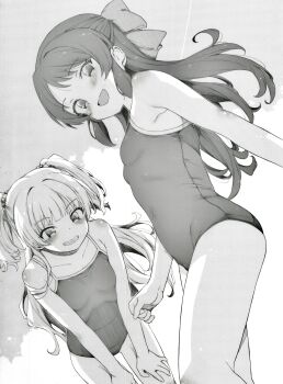 2girls :d absurdres blush bow breasts cloud commentary greyscale hair_bow highres idolmaster idolmaster_cinderella_girls itano_chiharu jougasaki_rika long_hair looking_at_viewer monochrome multiple_girls one-piece_swimsuit open_mouth school_swimsuit sky small_breasts smile swimsuit tachibana_arisu thighs two_side_up