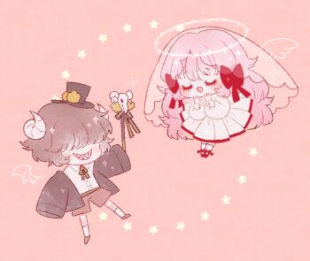 Rule 34 | 1boy, 1girl, angel and devil, angel wings, animal skull, black hat, black jacket, blunt bangs, blunt ends, bow, brown hair, brown shoes, brown shorts, buttons, cartoon wings, chibi, closed eyes, collared shirt, curled horns, demon horns, demon wings, drawn halo, drawn wings, dress, dress shirt, eleanor (ohmyeleanor), evil grin, evil smile, eyelashes, floating, footwear bow, grin, hair between eyes, hair bow, hair over eyes, halo, hands on own chin, happy, hat, holding, holding wand, horns, jacket, kneehighs, light blush, long hair, long sleeves, medium dress, mini hat, mini top hat, mini wings, open clothes, open jacket, open mouth, pink background, pink hair, platinum (pocket mirror), pleated dress, pocket mirror, puffy long sleeves, puffy sleeves, red bow, red shoes, see-through clothes, see-through veil, sharp teeth, shirt, shoes, shorts, sleeves past wrists, smile, socks, sparkle, spiked halo, star (symbol), star symbol background, strange boy, teeth, top hat, turtleneck, turtleneck dress, veil, very long hair, wand, white dress, white horns, white shirt, white socks, wide sleeves, wings