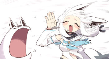 &lt;o&gt;_&lt;o&gt; 1girl ahoge animal_ear_fluff animal_ear_piercing animal_ears blue_neckerchief blush braid breasts cocomayo29_(tomato) commentary detached_sleeves fox_ears fox_girl fox_tail front_slit highres hololive hood hooded_vest hoodie long_hair miteiru_(shirakami_fubuki) multicolored_tail neckerchief open_mouth pentagram shirakami_fubuki shirakami_fubuki_(1st_costume) shirt side_braid sidelocks simple_background single_braid smile solo symbol-only_commentary tail vest virtual_youtuber white_hair white_hoodie