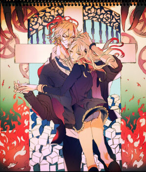 10s 1boy 1girl art_nouveau blonde_hair brown_hair closed_eyes diabolik_lovers fire hair_ornament hairpin hands_on_another's_chest hands_on_another's_head hetero holding_hands kneehighs komori_yui long_hair mukami_yuma necktie otsukaresanpo panties ponytail school_uniform sharp_nails skirt socks underwear wristband