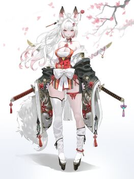 Rule 34 | 1girl, absurdres, animal ear fluff, animal ears, bell, black kimono, black shoes, breasts, cherry blossoms, chest sarashi, chinese hairpin, cleavage, commentary, dress, floral print, flower, full body, gradient hair, hair flower, hair intakes, hair ornament, highres, holding, holding sword, holding weapon, japanese clothes, katana, kimono, long hair, looking at viewer, maayus2i, magatama, medium breasts, mole, mole on breast, mole under eye, multicolored hair, okobo, original, pink hair, platform sandals, red dress, red eyes, red hair, sandals, sarashi, shadow, shide, shoes, simple background, single sock, single thighhigh, socks, solo, standing, streaked hair, sword, thigh strap, thighhighs, thighs, weapon, white background, white hair, white socks, white tail, white thighhighs, wide sleeves, zettai ryouiki