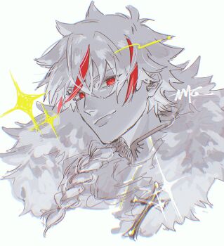 Rule 34 | 0 jojo u, 1boy, braid, braided ponytail, cropped torso, fate/strange fake, fate (series), fur trim, greyscale, hashtag-only commentary, highres, looking at viewer, male focus, monochrome, multicolored hair, red eyes, red streaks, richard i (fate), single braid, smile, solo, spot color