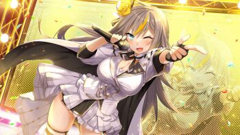 1girl black_gloves blue_eyes blush breasts cleavage deep_one_kyomu_to_mugen_no_fragment dress edelgard_einstein finger_gun fingerless_gloves flower foreshortening gloves hair_flower hair_ornament holding holding_microphone large_breasts long_hair long_sleeves looking_at_viewer microphone miniskirt mtu_(orewamuzituda) multicolored_hair non-web_source one_eye_closed open_mouth outstretched_arm partially_fingerless_gloves pleated_skirt pointing pointing_at_viewer rose shirt skirt smile solo stage stage_lights streaked_hair thighhighs very_long_hair white_dress white_shirt white_skirt yellow_background yellow_flower yellow_rose