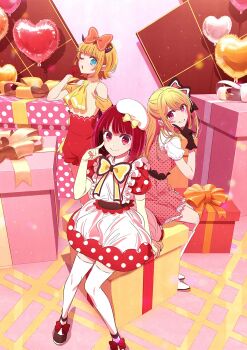 3girls apron aqua_eyes arima_kana b-komachi_(new) balloon bare_shoulders beret black_bow black_bowtie black_gloves black_shoes blunt_bangs blunt_ends bob_cut boots bow bowtie box collared_shirt demon_horns detached_sleeves dot_nose dress fake_horns female_focus frilled_apron frills gift gift_box gloves grin hair_bow hat hat_bow heart_balloon highres horns hoshino_ruby idol idol_clothes inverted_bob legs long_glove long_hair looking_at_viewer matching_outfits mem-cho minihat multicolored_hair multiple_girls official_art on_box one_eye_closed open_mouth orange_bow oshi_no_ko pink_dress pink_eyes pink_skirt pink_trim polka_dot polka_dot_dress puffy_short_sleeves puffy_shorts puffy_sleeves red_bow red_eyes red_gloves red_shorts red_skirt sailor_collar shirt shoes short_hair short_sleeves shorts sitting sitting_on_box skirt smile star-shaped_pupils star_(symbol) star_in_eye symbol-shaped_pupils symbol_in_eye teeth textless_version thighhighs thighs white_apron white_boots white_dress white_hat white_sailor_collar white_skirt white_thighhighs yellow_bow yellow_sleeves zettai_ryouiki