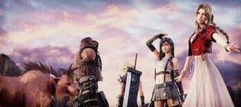 2girls 3boys 3d absurdres aerith_gainsborough arm_up armor asymmetrical_hair bare_shoulders barret_wallace beads black_hair black_thighhighs blonde_hair blue_eyes bracelet braid breasts brown_vest buster_sword buzz_cut choker cloud cloud_strife cloudy_sky cropped_jacket dress earrings feather_hair_ornament final_fantasy final_fantasy_vii final_fantasy_vii_remake fingerless_gloves glasses_on_head gloves green_eyes green_pants hair_beads hair_ornament hair_ribbon highres jacket jewelry large_breasts long_hair looking_back materia medium_breasts midriff multiple_boys multiple_girls navel necklace outstretched_arm pants parted_bangs pink_dress pink_ribbon rain red_eyes red_fur red_jacket red_xiii ria-neearts ribbon scar scar_across_eye scar_on_face shirt short_hair shoulder_armor sidelocks skirt sky sleeveless sleeveless_shirt smile square_enix suspender_skirt suspenders thighhighs tifa_lockhart upper_body very_short_hair vest weapon weapon_on_back white_shirt zettai_ryouiki