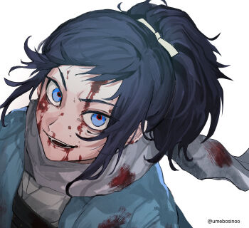 1boy absurdres blood blood_on_face blue_eyes commentary grey_scarf highres japanese_clothes long_hair looking_at_viewer male_focus ponytail scarf simple_background solo symbol-only_commentary touken_ranbu twitter_username umeboitarou upper_body white_background yamato-no-kami_yasusada