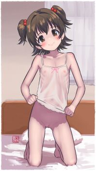 1girl absurdres akagi_miria blush border brown_eyes camisole cleft_of_venus commentary elementary_(lolipope) flat_chest hair_bobbles hair_ornament highres idolmaster idolmaster_cinderella_girls kneeling loli looking_at_viewer nipples pussy see-through_clothes smile solo transparent_border two_side_up uncensored