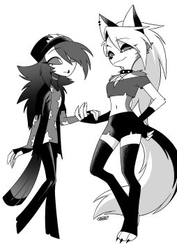 2girls absurdres beak beanie body_fur boots choker closed_mouth coat colored_sclera commentary_request crop_top cropped_shirt elbow_gloves eye_contact eyeshadow fewer_digits fingerless_gloves from_below full_body furry furry_female gloves greyscale hand_on_own_hip hat hellaverse helluva_boss high_heel_boots high_heels highres holding_hands knees_apart_feet_together knees_together_feet_apart layered_sleeves long_hair long_sleeves looking_at_another loona_(helluva_boss) makeup menma_(enaic31) monochrome multiple_girls navel octavia_(helluva_boss) off-shoulder_shirt off_shoulder open_clothes open_coat owl_girl shirt short_over_long_sleeves short_shorts short_sleeves shorts signature simple_background smile spiked_choker spikes standing star_(symbol) star_print swept_bangs tail thighhighs toeless_legwear very_long_hair white_background wolf_girl wolf_tail