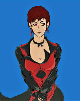 1girl breasts brown_eyes dress earrings female_focus formal_clothes highres jewelry medium_breasts red_eyes short_hair suit the_king_of_fighters vice_(kof) wide_hips