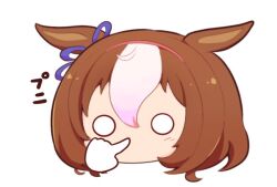 Rule 34 | 1girl, animal ears, blush stickers, brown hair, chibi, gomashio (goma feet), hair between eyes, hairband, hand cursor, head only, horse ears, meisho doto (umamusume), multicolored hair, o o, pink hairband, simple background, solo, translation request, two-tone hair, umamusume, white background, white hair