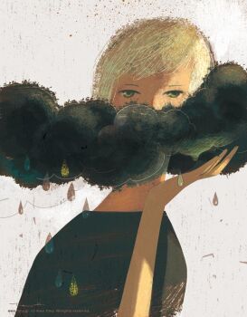 1girl archived_source artist_name black_shirt blonde_hair cloud commentary copyright_notice dark_cloud english_commentary english_text limited_palette looking_at_viewer minimalism muted_color no_lineart original partially_shaded_face rain shirt short_hair simple_background solo storm_cloud tanji_youko upper_body watermark web_address white_background yellow_eyes