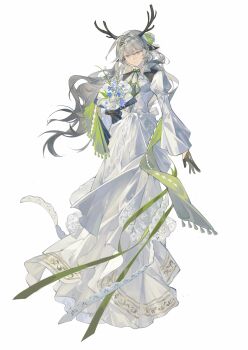 1girl absurdres alina_(arknights) alternate_costume animal_ears antlers arknights black_gloves blue_flower bouquet commentary deer_ears deer_girl flower gloves green_shawl grey_eyes grey_hair half_gloves highres holding holding_bouquet horns lace lin_qing_(phosphorus_1104) long_hair long_sleeves looking_down puffy_sleeves rose shawl simple_background smile solo symbol-only_commentary white_background white_flower white_rose