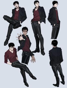 Rule 34 | 1boy, black hair, black jacket, black pants, black sclera, black shoes, closed eyes, colored sclera, crossed legs, domo (domo kizusuki), full body, grey background, hair slicked back, highres, jacket, long sleeves, male focus, mob psycho 100, multiple views, open hand, open mouth, pants, pectoral cleavage, pectorals, red eyes, red shirt, shaded face, shimazaki ryo, shirt, shoes, short hair, simple background, sitting, standing