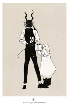 1boy 1girl arm_behind_back body_fur boots box brown_background child dress full_body furry furry_male gift gift_box giving greyscale_with_colored_background holding holding_gift horns nagabe sensei_(totsukuni_no_shoujo) shiva_(totsukuni_no_shoujo) short_hair simple_background standing tail totsukuni_no_shoujo vest