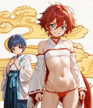 1boy 1girl antenna_hair armpit_crease bare_shoulders bikini blue_hair blue_hakama breasts brown_eyes choker commentary_request cowboy_shot detached_sleeves earrings gluteal_fold green_eyes grin hair_between_eyes hakama hakama_pants highleg highleg_bikini highres japanese_clothes jewelry kimono long_sleeves looking_at_viewer multicolored_bikini navel original pants red_bikini red_choker red_hair red_sleeves ribbon-trimmed_sleeves ribbon_trim short_hair small_breasts smile stomach swimsuit two-sided_sleeves two-tone_bikini unno_hotaru white_bikini white_kimono white_sleeves wide_sleeves