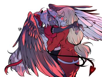 Rule 34 | 2girls, absurdres, angel, angel wings, blonde hair, charlie morningstar, circle facial mark, commentary, couple, demon tail, elbow gloves, eyepatch, facial mark, feathered wings, fingerless gloves, gloves, grey hair, hazbin hotel, hellaverse, highres, hug, multi-tied hair, multiple girls, raccoon 404, smile, untranslatable commentary, tail, tail wrap, vaggie, wings, yuri