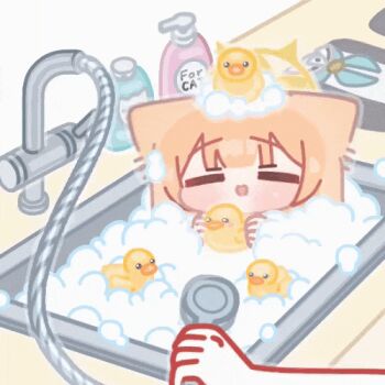 1girl animal_ears animated animated_gif blue_archive blue_neckerchief blunt_bangs blush chibi closed_eyes closed_mouth dress halo hands_up holding horuhara lowres mari_(blue_archive) neckerchief object_on_head open_mouth orange_hair partially_submerged rubber_duck smile soap_bottle soap_bubbles solo_focus unworn_dress unworn_neckerchief yellow_halo