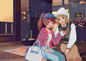 Rule 34 | 2girls, 87saurus, :d, absurdres, bag, baseball cap, beanie, brown eyes, brown hair, cardigan vest, copyright name, copyright notice, donut, food, fragments of the idolmaster cinderella girls, hat, highres, idolmaster, idolmaster cinderella girls, indoors, long hair, looking at viewer, mimura kanako, multiple girls, navel, official art, open clothes, open mouth, open shirt, pants, plaid clothes, ponytail, real world location, red eyes, shiina noriko, short hair, sitting, smile