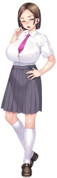 1girl akihara_shiho blush breasts brown_hair brown_shoes button_gap collared_shirt dress_shirt female_focus forehead freckles full_body green_eyes grey_skirt half-closed_eyes hand_on_own_hip hand_up head_tilt high-waist_skirt huge_breasts kneehighs knees looking_at_viewer medium_hair medium_skirt narrowed_eyes necktie open_mouth parted_bangs pleated_skirt purple_necktie school_uniform serious sexfri_osananajimi shirt shirt_tucked_in shoes short_sleeves sidelocks simple_background skirt socks solo standing sumeragi_kohaku taut_clothes taut_shirt transparent_background white_shirt white_socks