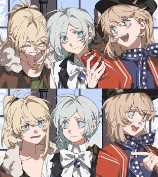 3girls ^_^ absurdres black_hat black_vest blonde_hair blue_eyes blue_scarf blue_shirt blue_sky bow bowtie bright_pupils brooch brown_jacket can chinese_commentary closed_eyes closed_mouth cloud collarbone collared_vest commentary_request day drink_can eyes_visible_through_hair fingernails fur-trimmed_jacket fur_trim green_shirt grey_eyes grey_hair grin hair_bun hair_over_one_eye happy hat highres holding holding_can indoors jacket jewelry lapels lilya_(reverse:1999) long_hair long_sleeves looking_to_the_side lower_teeth_only medium_hair molu_stranger multiple_girls newsboy_cap no_headwear notched_lapels open_clothes open_jacket open_mouth pinstripe_pattern pinstripe_vest pointing pointing_at_another polka_dot polka_dot_scarf ponytail red_jacket regulus_(reverse:1999) reverse:1999 scarf sequential shirt single_side_bun sky smile soda_can sweatdrop teeth upper_body upper_teeth_only vertin_(reverse:1999) vest white_bow white_bowtie white_pupils white_shirt window yellow_eyes