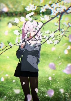 Rule 34 | 1girl, absurdres, bag, black shorts, blue eyes, blue hair, blurry, blurry background, branch, breasts, brown pantyhose, closed mouth, commentary request, day, depth of field, gradient hair, grey sweater, hair between eyes, half-closed eyes, highres, medium breasts, misaki nonaka, multicolored hair, off-shoulder sweater, off shoulder, original, outdoors, pantyhose, pantyhose under shorts, petals, pink hair, ribbed sweater, shorts, shoulder bag, smile, solo, sweater, twintails