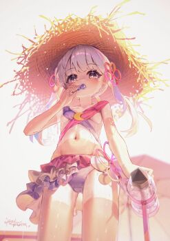 Rule 34 | 1girl, absurdres, ap04astral, bikini, blush, breasts, brown hat, closed mouth, coeiroink, commentary request, cowboy shot, food, food in mouth, hair ribbon, hat, highres, holding, holding food, holding popsicle, huge filesize, long hair, looking at viewer, navel, popsicle, purple bikini, purple eyes, purple hair, red ribbon, ribbon, simple background, small breasts, solo, straw hat, sun hat, swimsuit, tsukuyomi-chan, white background