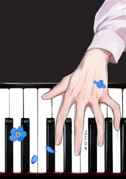 1boy artist_name black_background blue_flower blue_petals dress_shirt falling_petals flower forget-me-not_(flower) from_above highres instrument long_sleeves love_and_deepspace male_focus music out_of_frame petals piano piano_keys playing_instrument playing_piano shirt solo white_shirt xavier_(love_and_deepspace) zakuro_ry