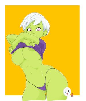 1girl absurdres breasts cheelai colored_nipples colored_skin dragon_ball dragon_ball_super green_nipples green_skin highres large_breasts nipples panties pink_eyes purple_panties purple_shirt shirt solo tagme thick_thighs thighs underwear undressing white_hair