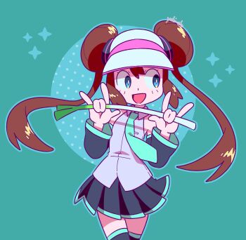1girl :d \m/ aqua_background aqua_necktie ben-day_dots black_skirt black_sleeves blue_eyes brown_hair circle cosplay detached_sleeves donut_hair_bun double_\m/ double_bun four-pointed_star hair_bun hatsune_miku hatsune_miku_(cosplay) highres long_hair necktie nintendo open_mouth pleated_skirt pokemon pokemon_bw2 rosa_(pokemon) screentones skirt smile spring_onion twintails very_long_hair visor_cap vocaloid yuki_oto